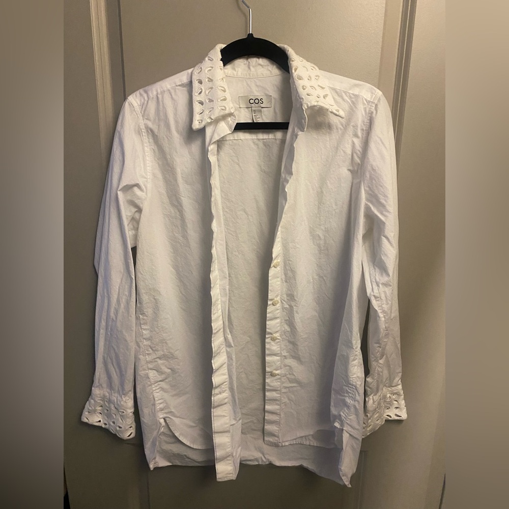White breathable linen button down with lace detailing